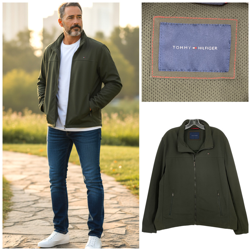 Tommy Hilfiger Men’s Olive Green Sport Windbreaker Fleece Lined Jacket Coat Sz L